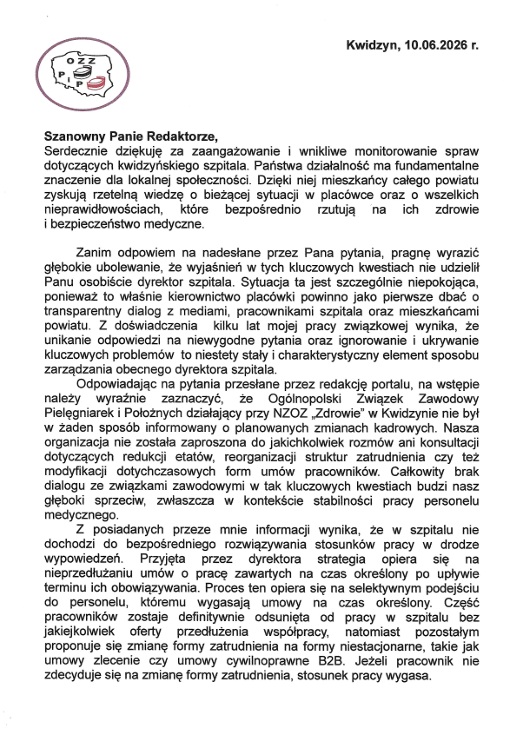 Pismo Zarządu Powiatu Kwidzyńskiego do dyrekcji szpitala w sprawie sytuacji kadrowej i przyszłości oddziału położniczego
