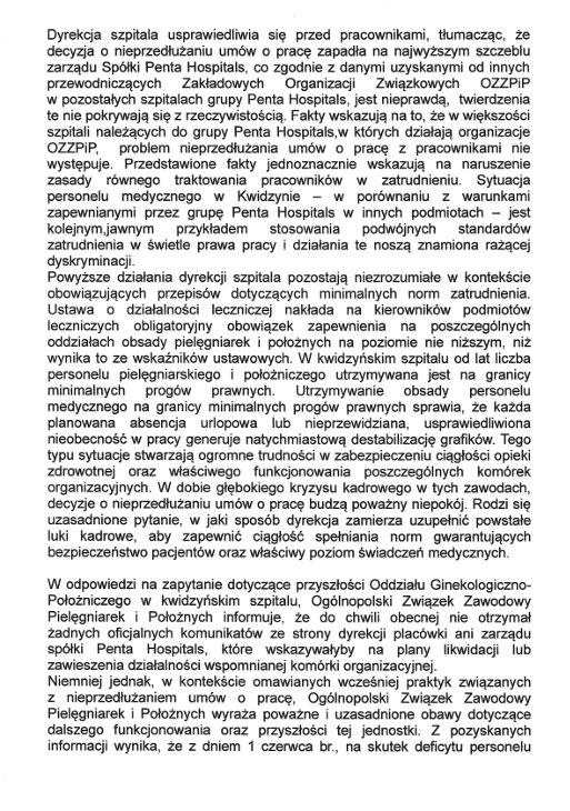 Pismo Zarządu Powiatu Kwidzyńskiego do dyrekcji szpitala w sprawie sytuacji kadrowej i przyszłości oddziału położniczego