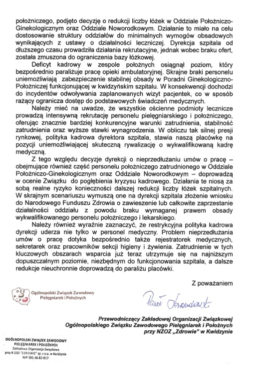 Pismo Zarządu Powiatu Kwidzyńskiego do dyrekcji szpitala w sprawie sytuacji kadrowej i przyszłości oddziału położniczego