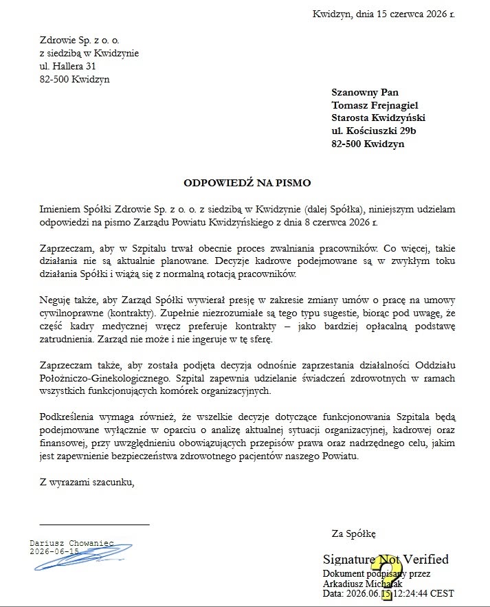 Szpital w Kwidzynie odpowiedział na pismo władz powiatu. Spółka zaprzecza zwolnieniom, presji na kontrakty i decyzji o zamknięciu oddziału.