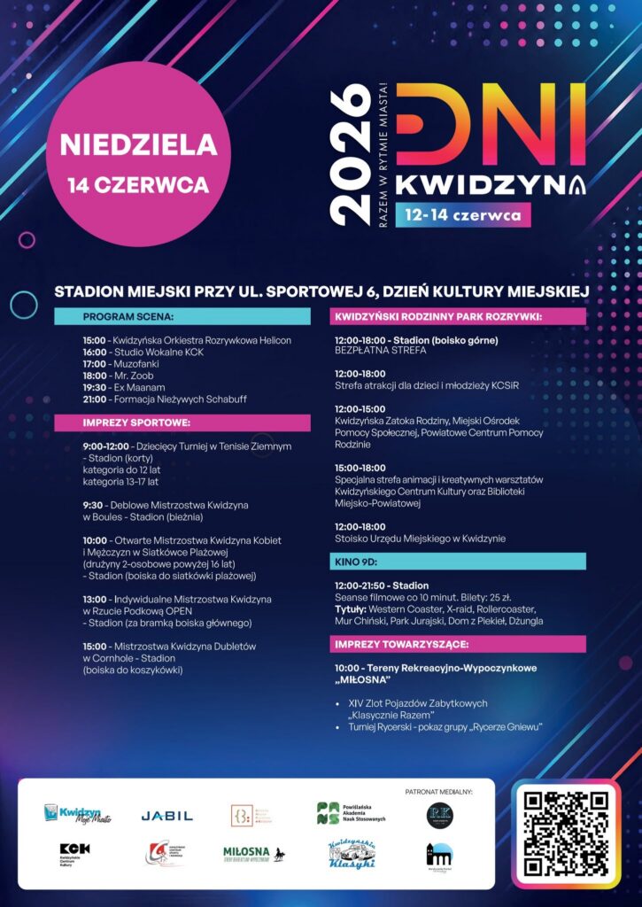 Plakat informacyjny prezentujący pełny program i koncerty na Dni Kwidzyna 2026
