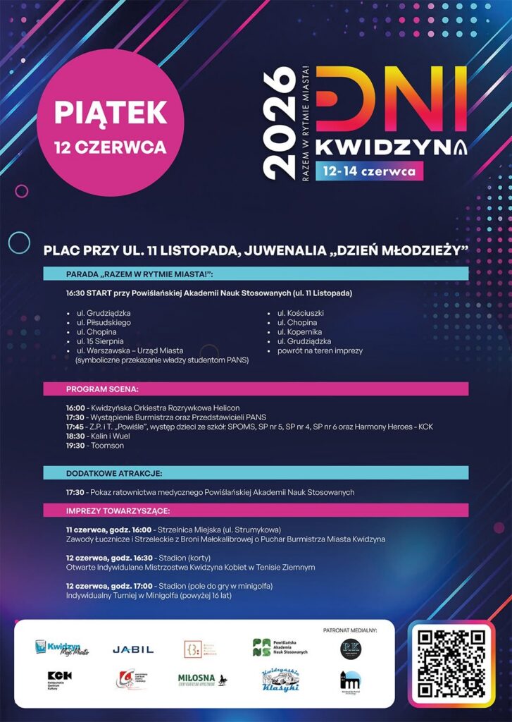 Plakat informacyjny prezentujący pełny program i koncerty na Dni Kwidzyna 2026