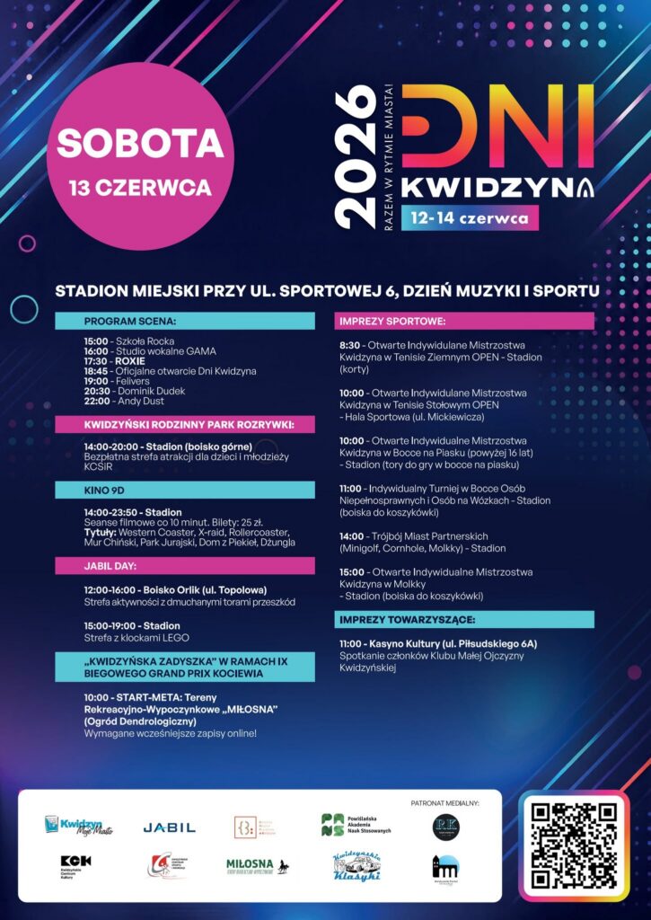 "Plakat informacyjny prezentujący pełny program i koncerty na Dni Kwidzyna 2026