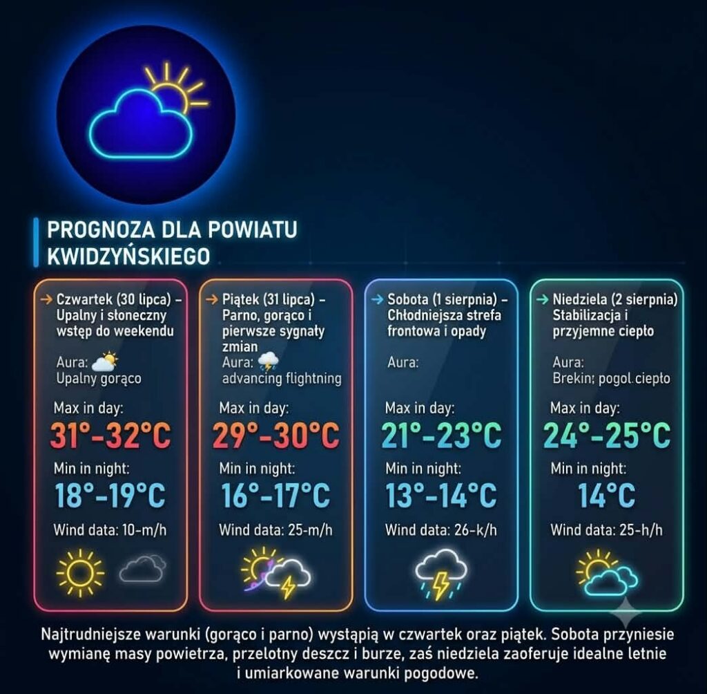 Prognoza pogody dla powiatu kwidzyńskiego od 30 lipca do 2 sierpnia 2026 roku