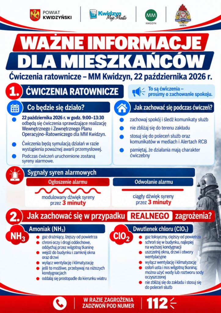 Ćwiczenia ratownicze w MM Kwidzyn 22 października 2026 roku